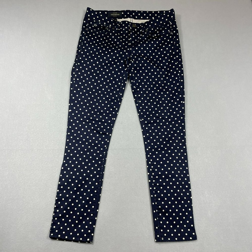 J Crew Womens Polka Dot Print Toothpick Jeans Size 26 Dark Navy Stretch